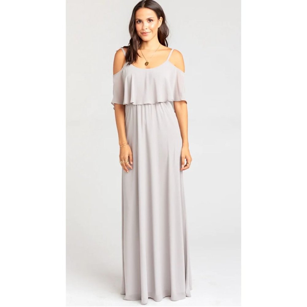 Show Me Your Mumu Caitlin Ruffle Dove Grey Chiffon Maxi Dress sz M